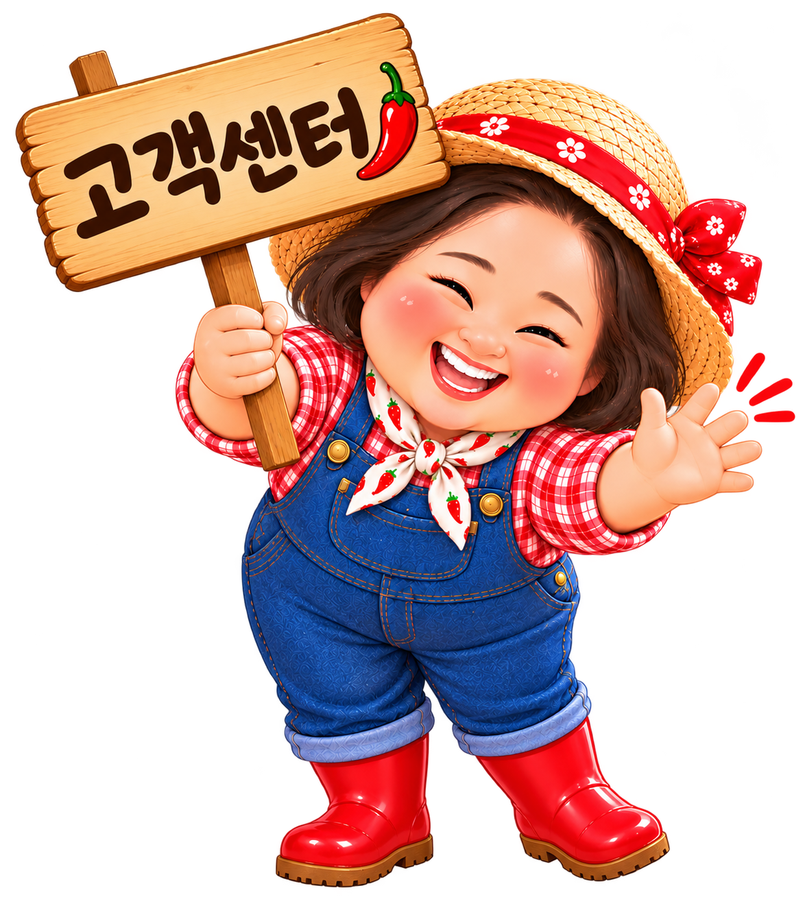 고객센터 간판을 들고 손을 흔들며 인사하는 봉숙이 캐릭터