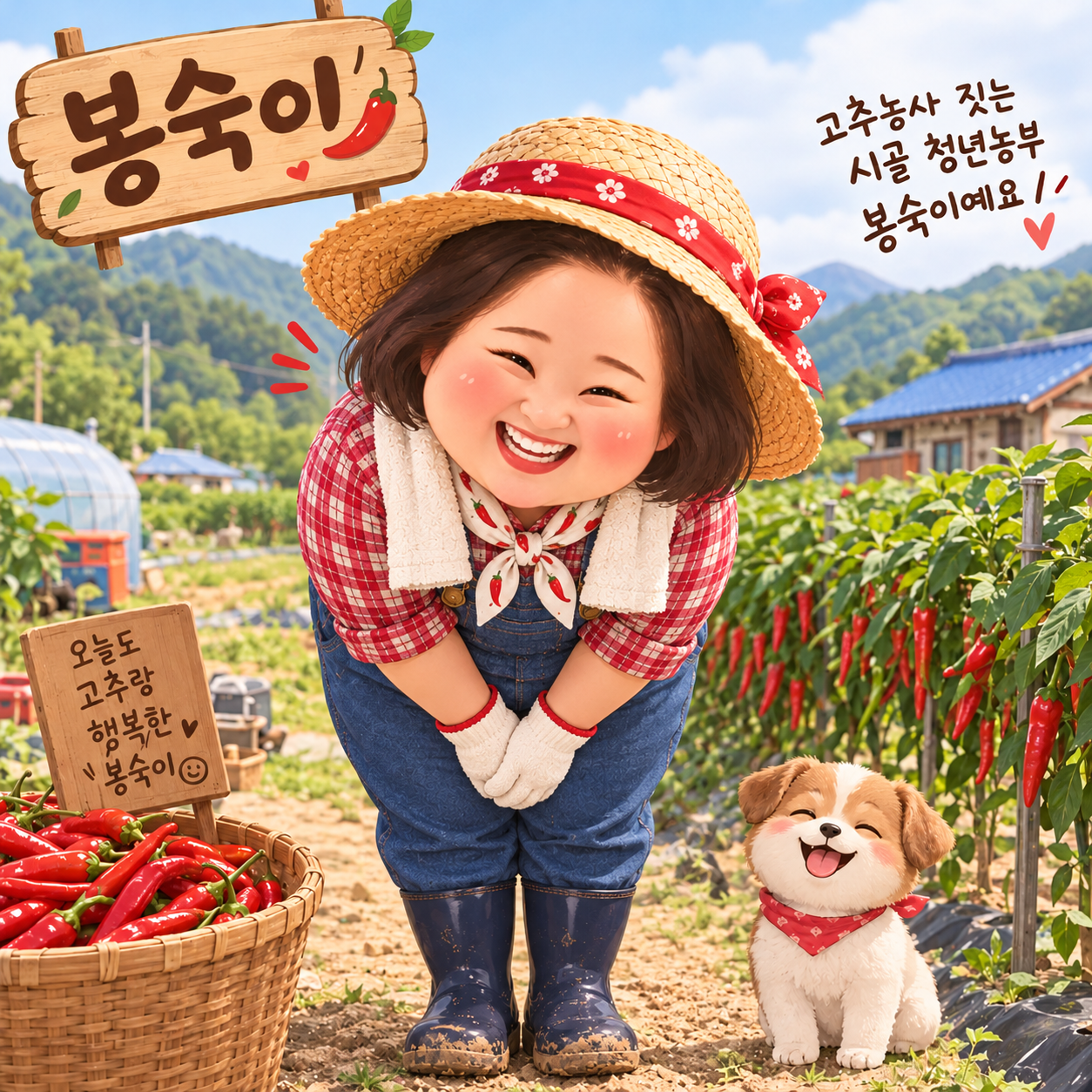 고추밭에서 인사하는 봉숙이 캐릭터